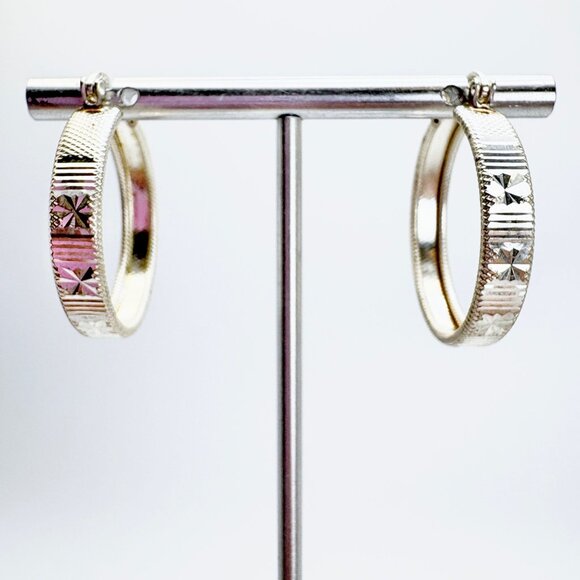 Sterling Silver 925 Etched Texture Hoop Earrings Hinged Posts Size 1" Diameter - Picture 1 of 8